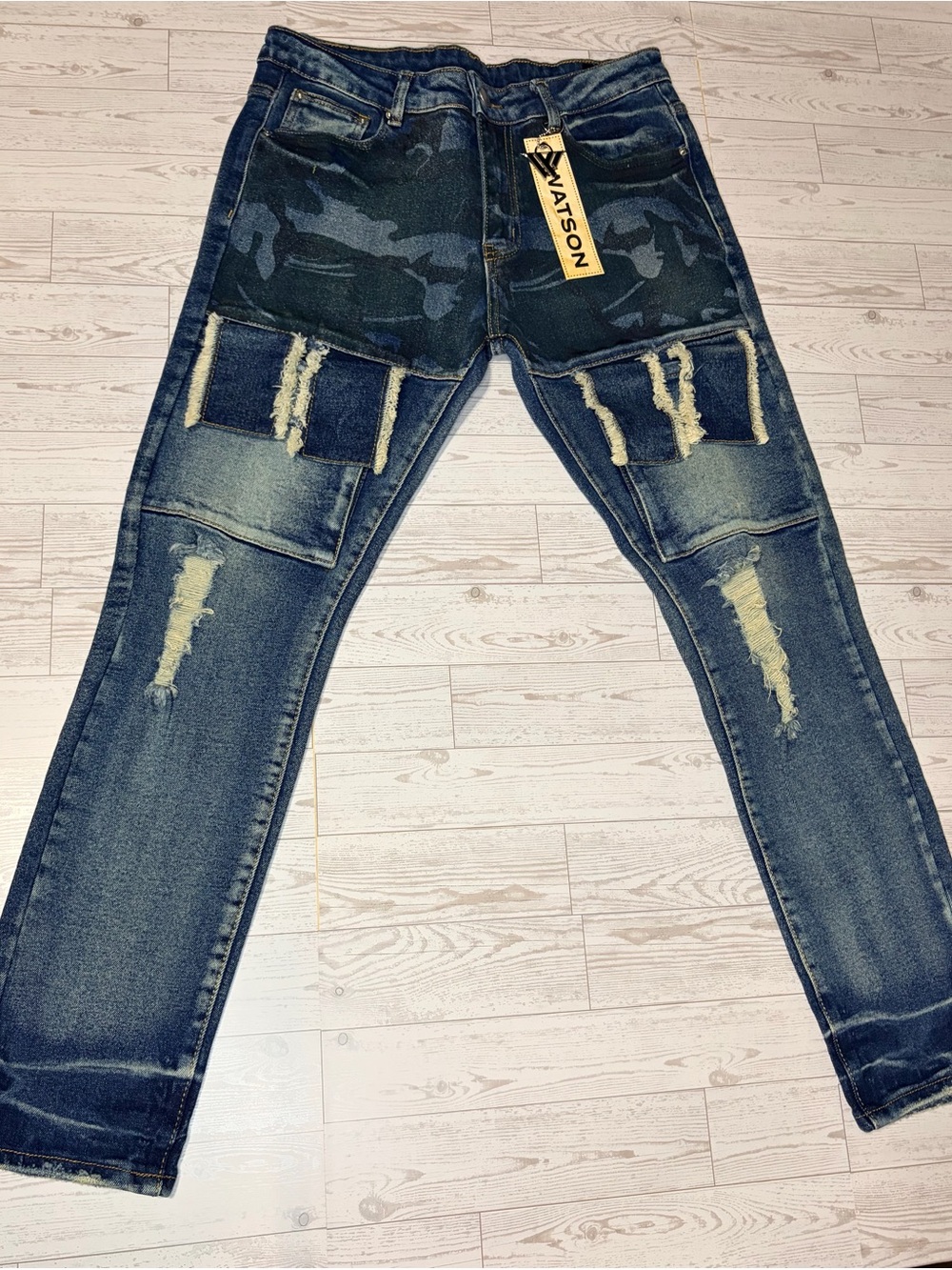 Size 28 Watson Men's Distressed Dark Blue Jeans With Camo Details On Upper
